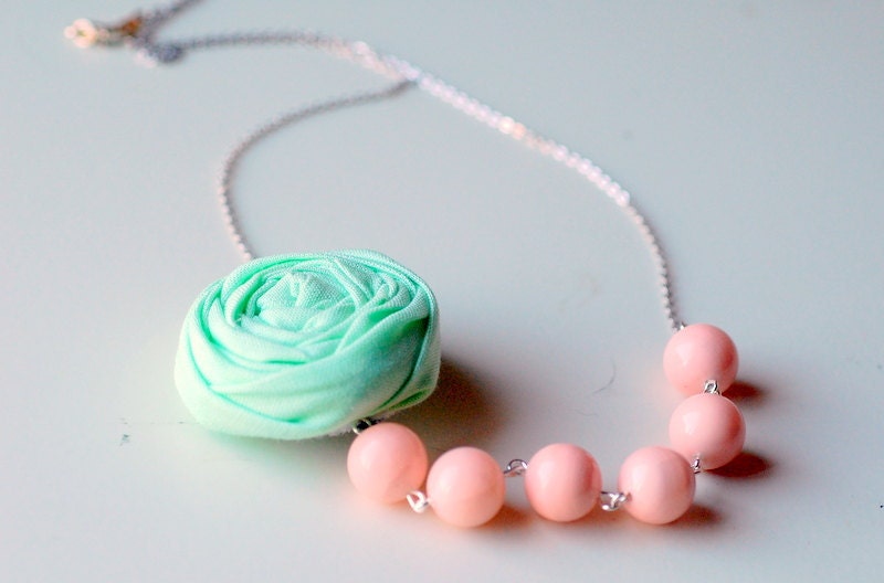 Mint and Soft Pink Sorbet, A Shabby Chic Rosette Bridesmaid Necklace, sale, Black Friday