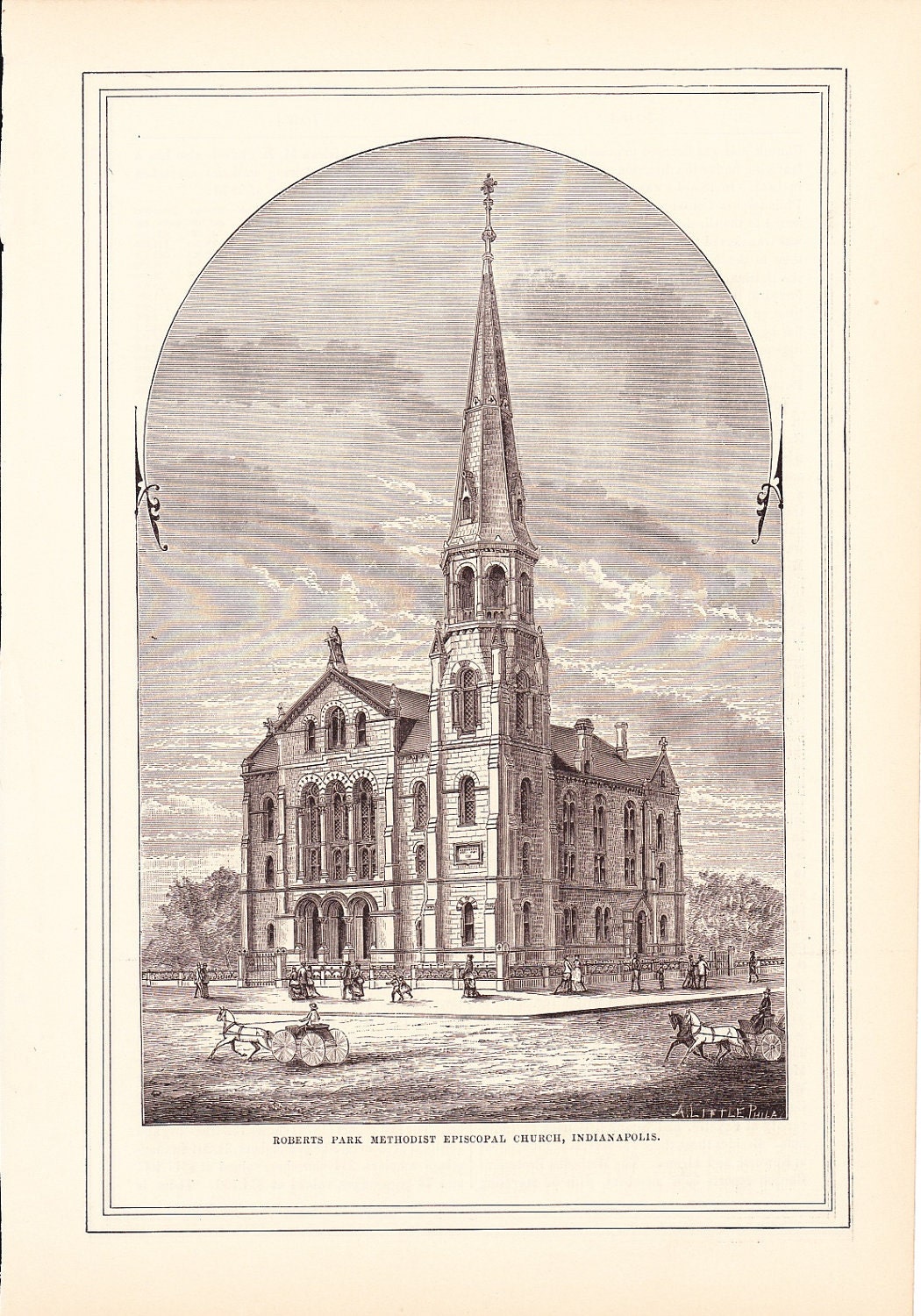1883 Architecture Church Print - Roberts Park Methodist Episcopal Church Indianapolis Indiana - Antique Art Illustration 100 Years Old