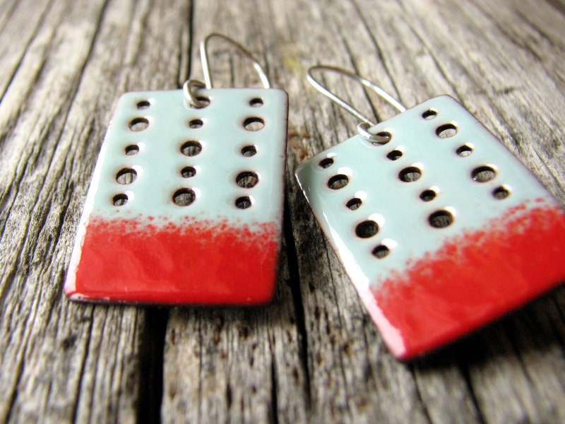 Enamel Earrings, Turquoise Blue And Red Rectangles, Copper And Sterling Silver