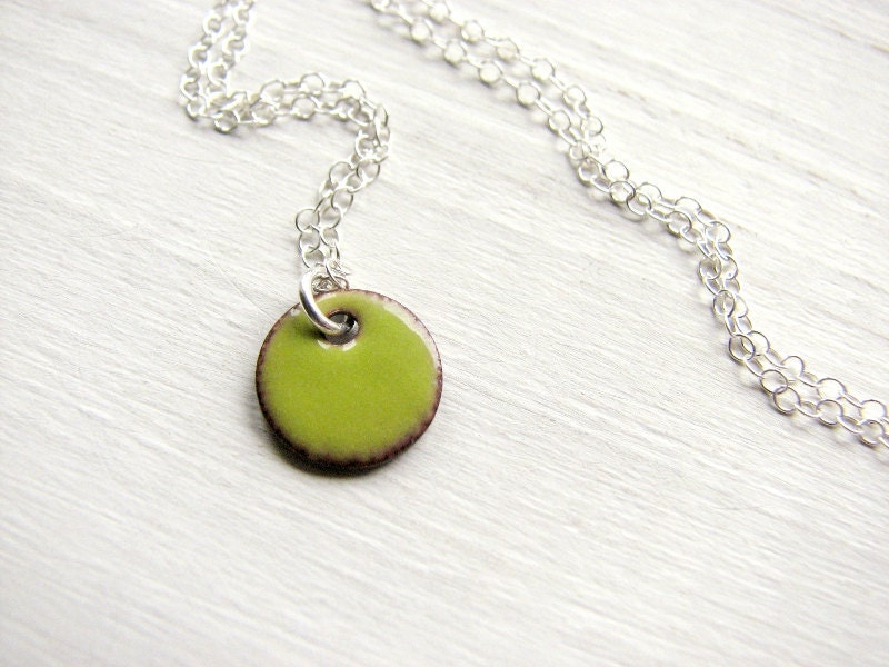 Dainty Enamel Necklace, Sterling Silver And Copper - Tiny Lime Green Dot