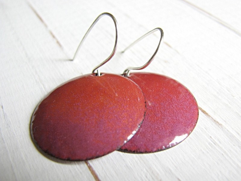 Pink Enamel Earrings, Rosey Copper And Sterling Silver - Persuassion