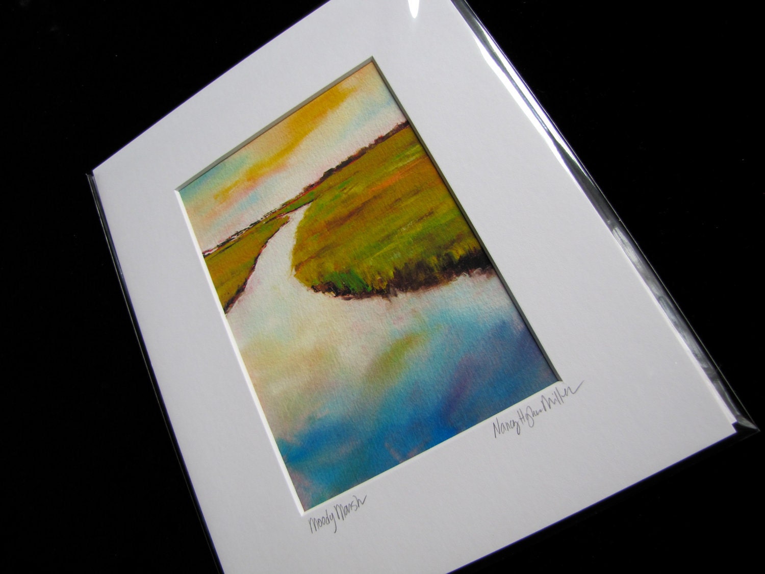 Chartreuse Marsh Landscape Art Print, "Moody Marsh" matted for 8x10 frame
