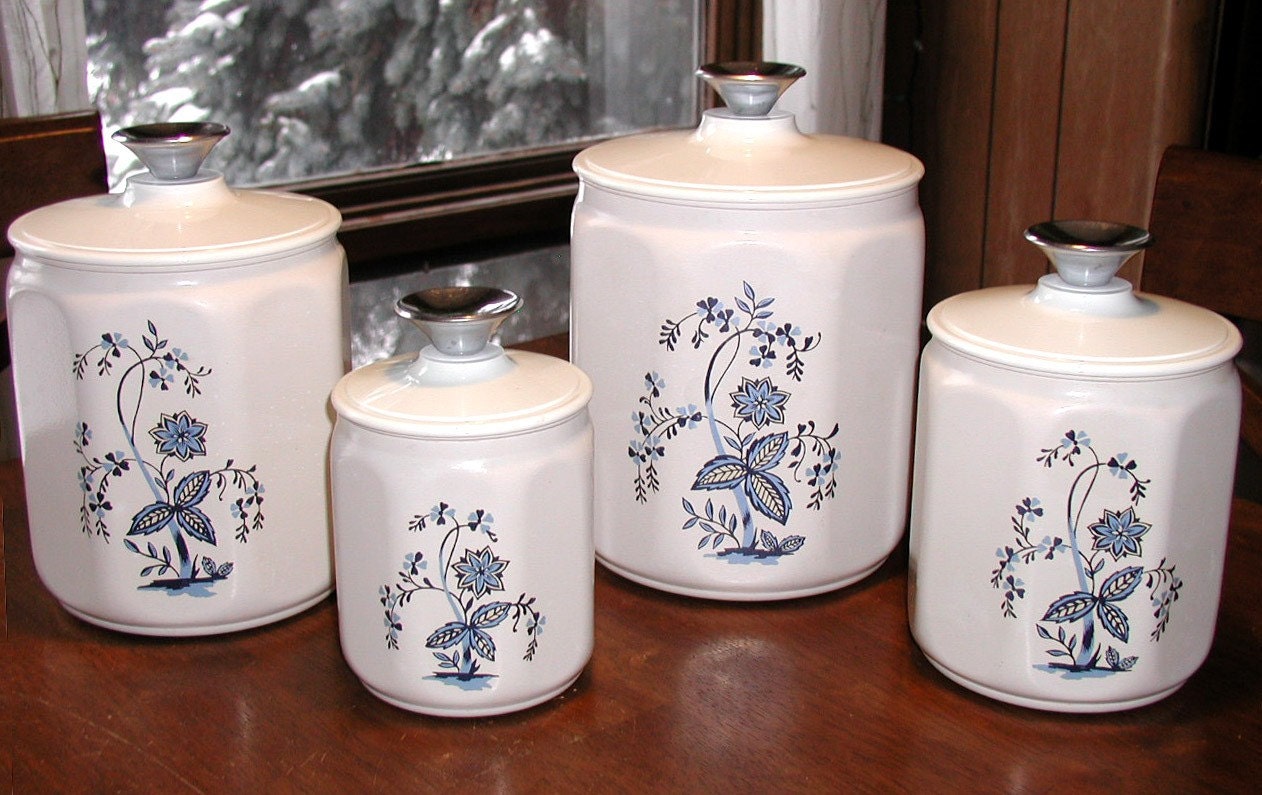 Vintage Kromex Kitchen Canisters / Set of Four 4 Storage Containers / Tins - UPCYCLED with RECYCLED Knobs