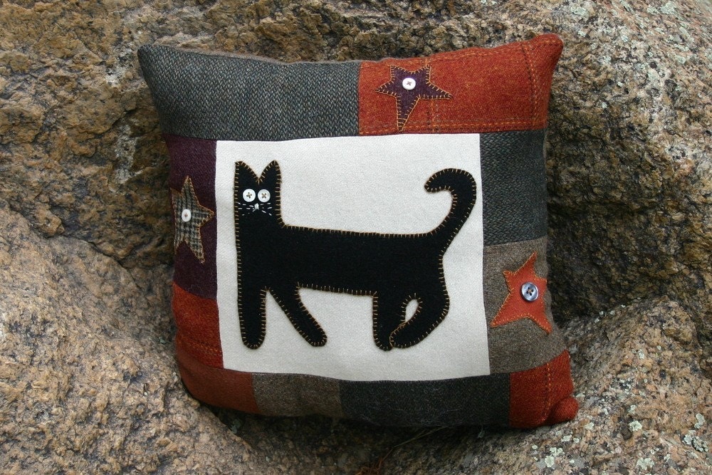 Wool Cat Pillow Eco Friendly Primitive Black Kitty Stars Upcycled Wool Accent Halloween Fall Decor by Northernlodge