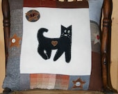 Black Cat Pillow Wool Decorative Accent  Eco Friendly Upcycled wool Stars Kitty  Halloween Primitive Folk Art by Northernlodge