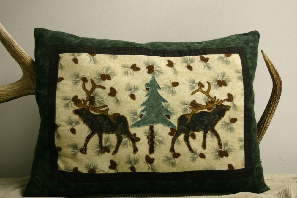 Rustic Elk and pine tree flannel cabin accent pillow...at the edge of the timber