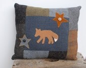 Wool Fox Pillow Upcycled Patchwork Nature Accent Cabin Woodland Rustic