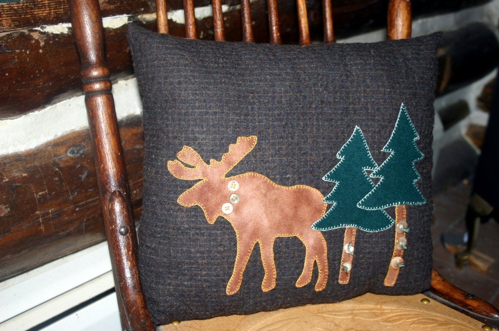 Moose Pillow Lodge Decor Upcycled Wool Moose Pine Trees Decorative Accent