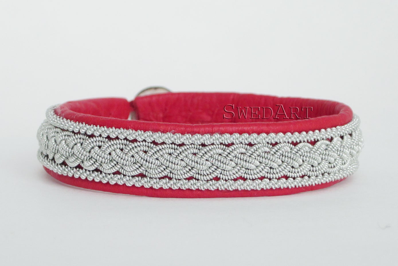 Lapland Sami Reindeer Bracelet, Pewter and Silver Braid, Antler Button, 1/2" Wide, Red LARGE, B05 Classic