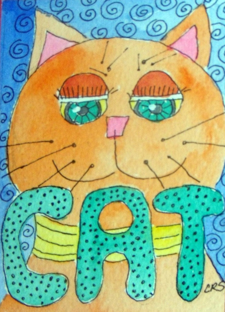 ACEO Original Watercolor Pen and Ink   The 3 LTR Word is CAT
