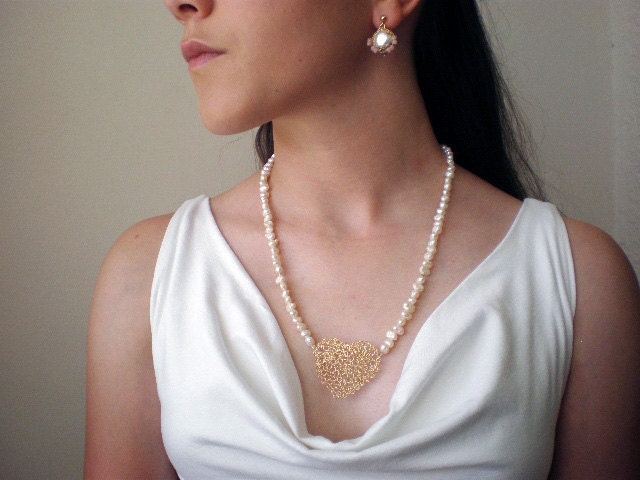 14K Gold filled crochet heart necklace- white pearls necklace