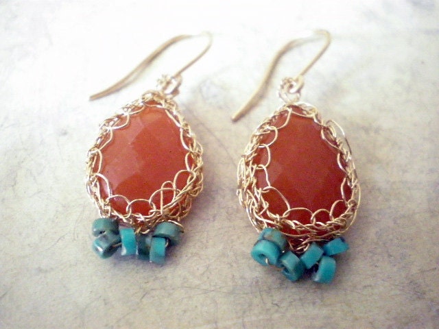 Crochet Red Aventurine, Turquoise, and 14k gold filled earrings