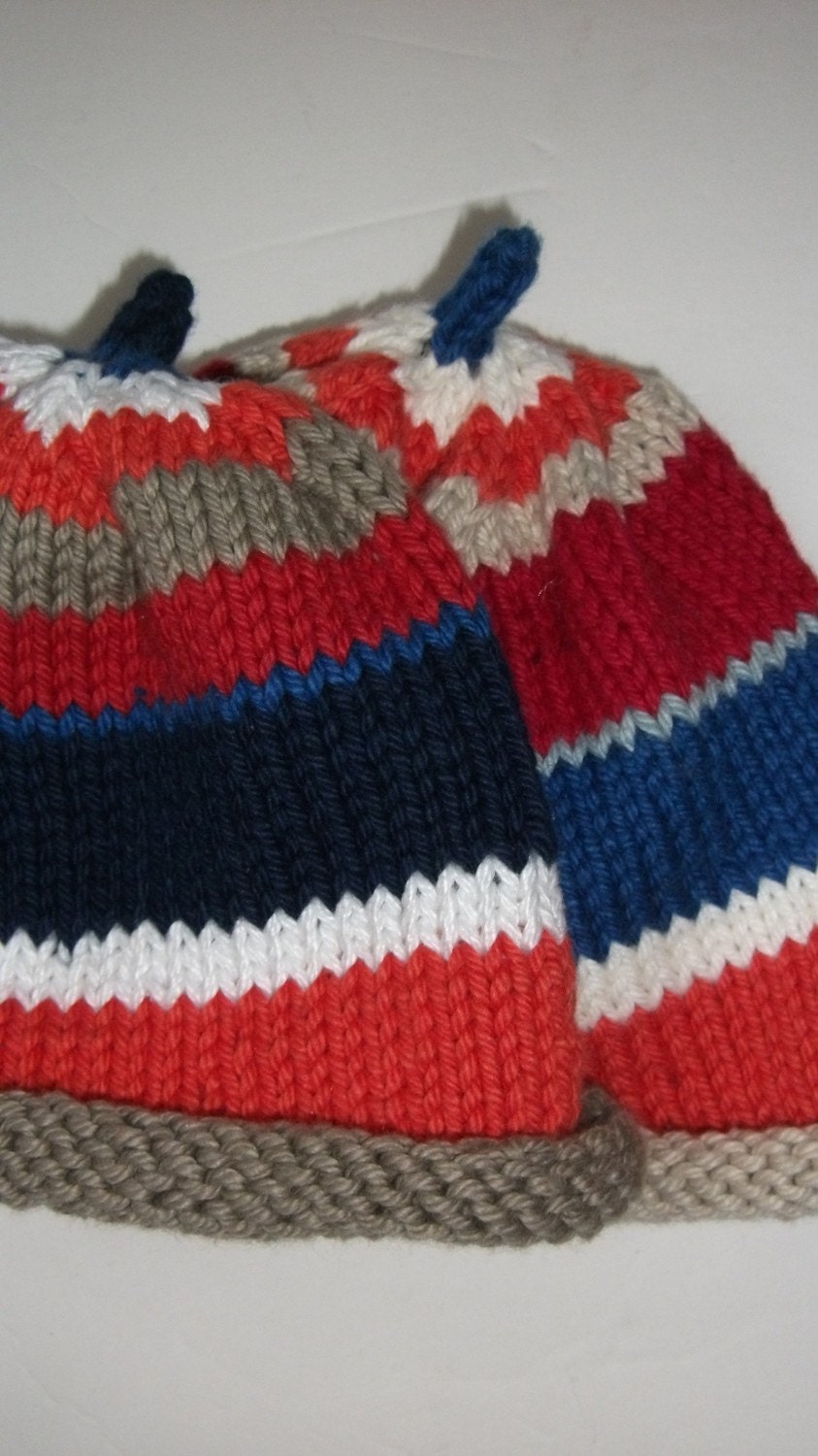 TWIN BABY HAT SET two striped hand knit seamless 100 percent cotton yarn beanie cap handmade photography studio photo prop SU colors