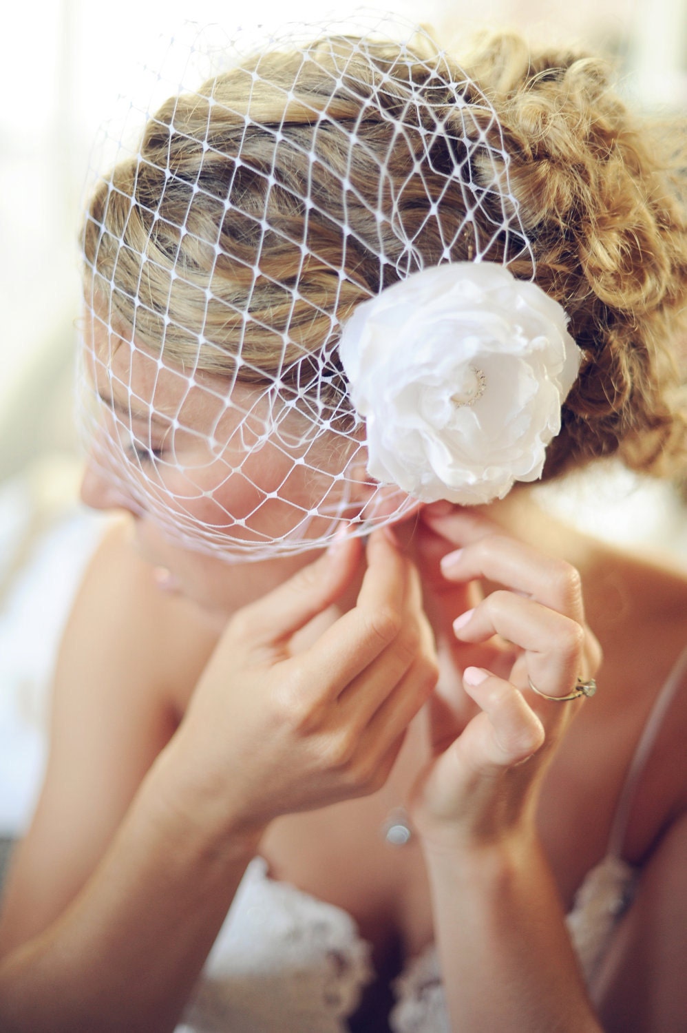Wedding Bandeau Veil in English Veiling with a Handmade Flower in white or ivory