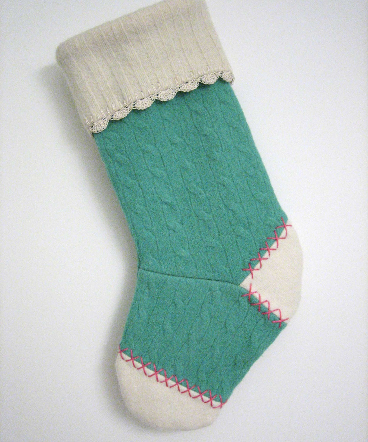 Green Cable Knit with Pink Christmas Stocking Handmade from Felted Wool Sweaters