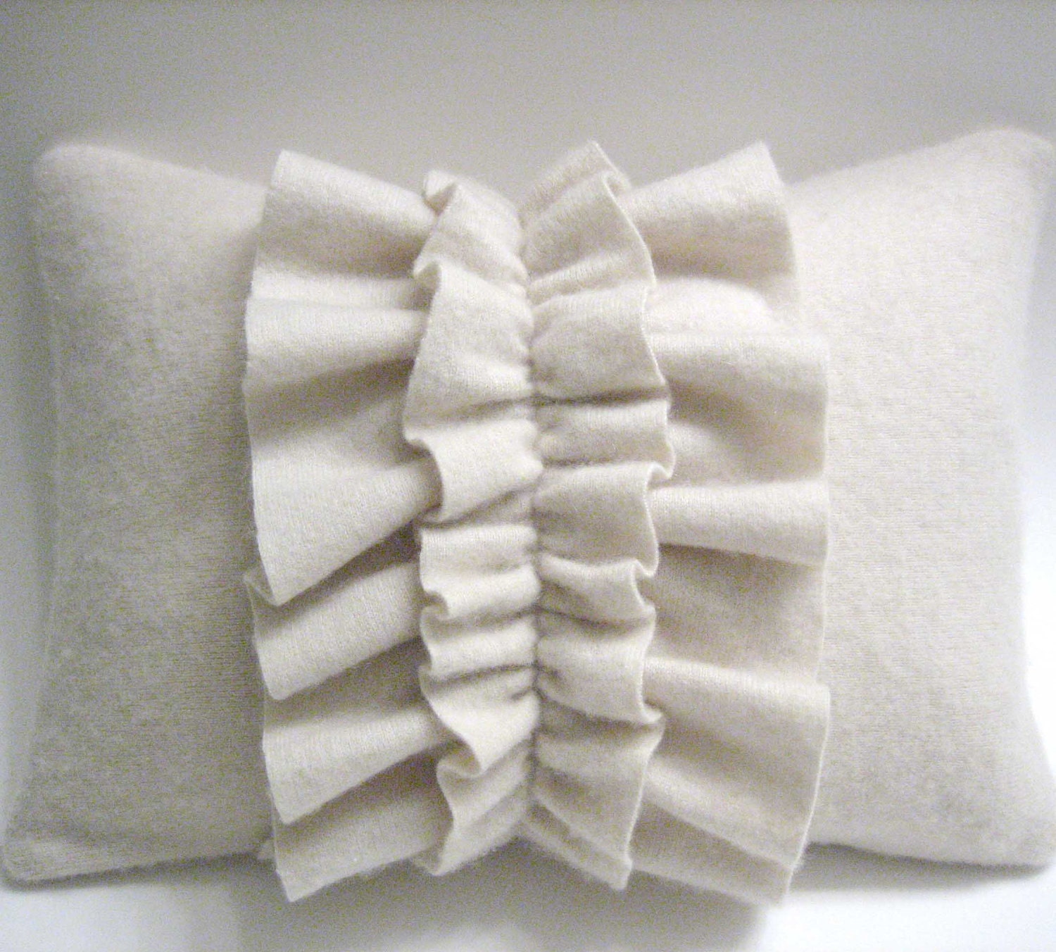 Off White Cashmere Ruffle Lumbar Pillow Handmade from Felted Cashmere Sweaters
