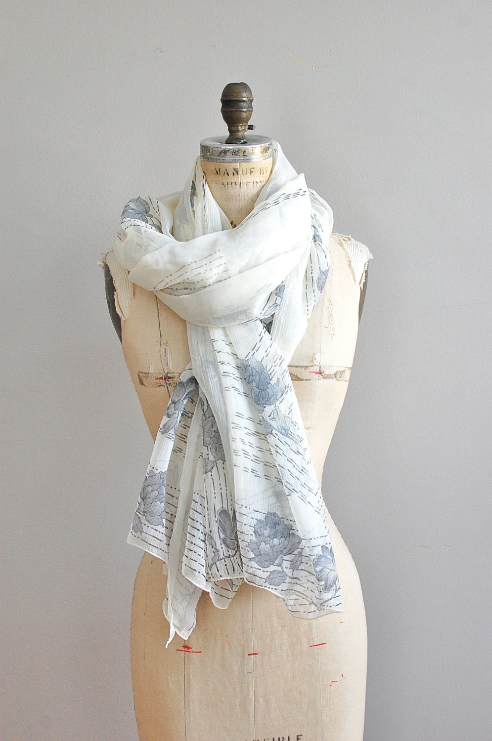 vintage scarf / silk scarf / sheer gray floral scarf