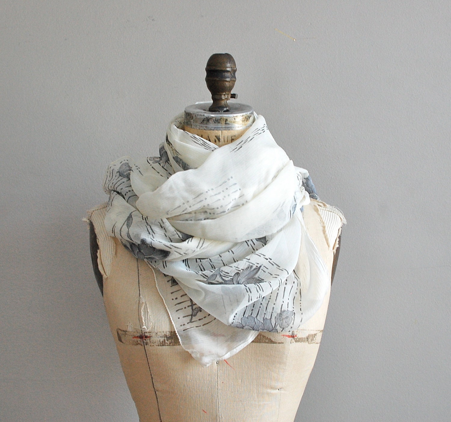 vintage scarf / silk scarf / sheer gray floral scarf