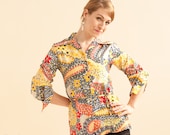 Crazy Paisley Floral Blouse / Primary colors / 1960s