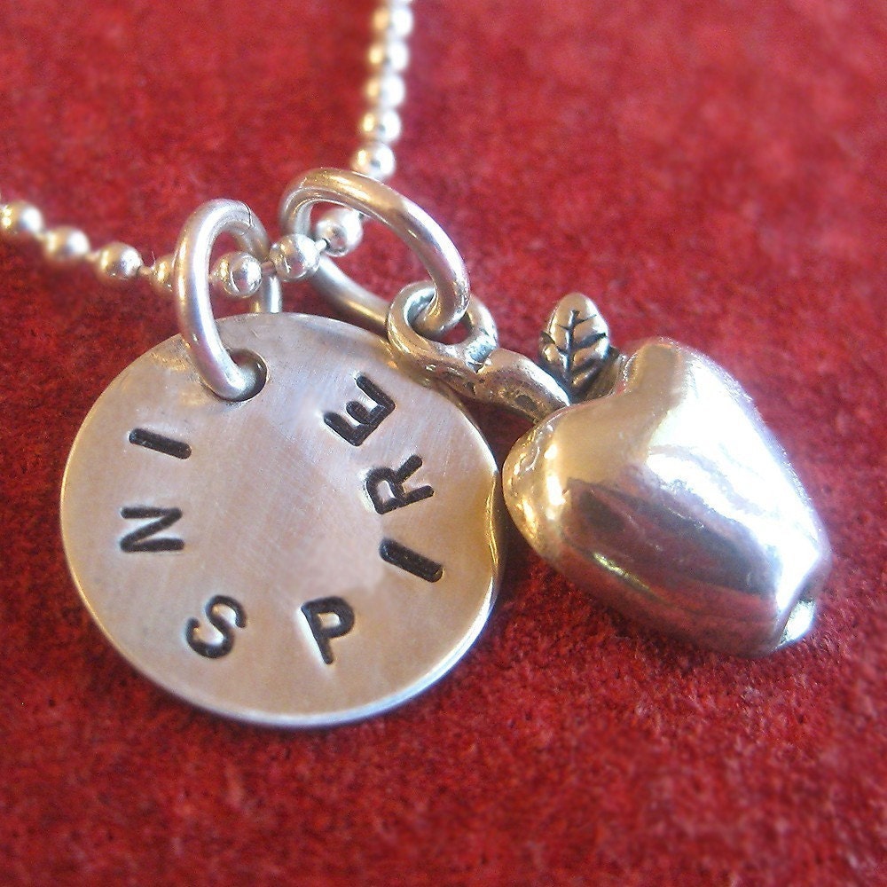 Apple Necklace - Great Teacher Gift - Personalized with 1/2" Hand Stamped Disc - Sterling Silver Gift for Teachers