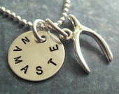 Wishbone Necklace with Hand Stamped Sterling Silver 1/2" Personalized Disc - Wish Necklace