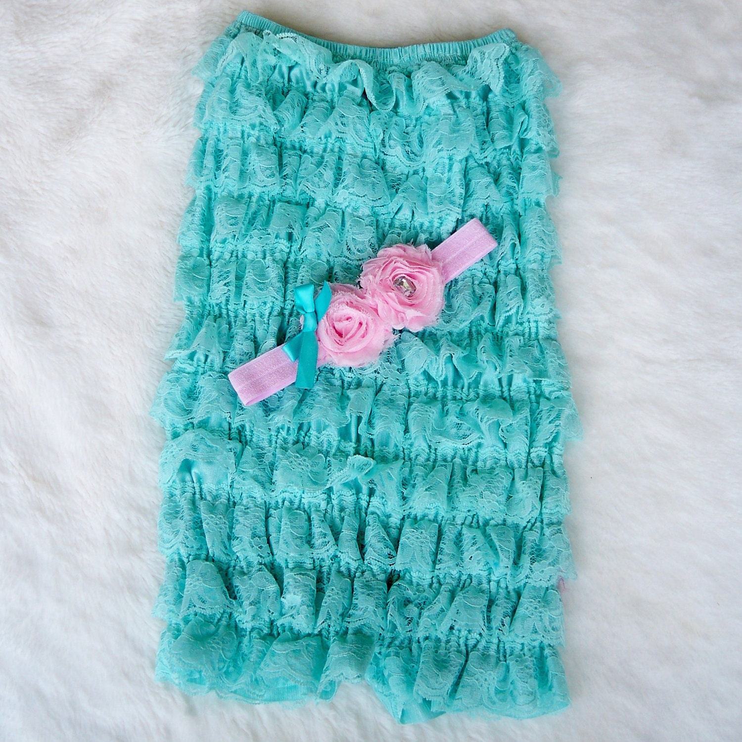 Petti Lace Ruffle Romper TURQUOISE Medium and Shabby Rose Headband Set