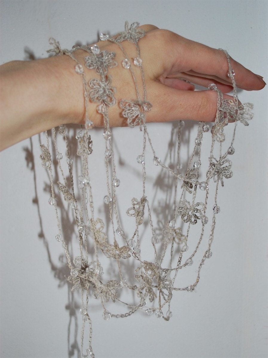 Delicate Linen Crocheted-Beaded Lariat. Elise. Natural Grey.