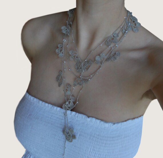 Linen Crocheted Necklace- Lariat-Headband. ELLA. Grey with glass beads.