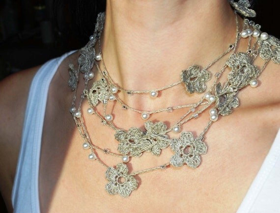 Linen Crocheted Lariat- Necklace. NELL.   Natural Grey.