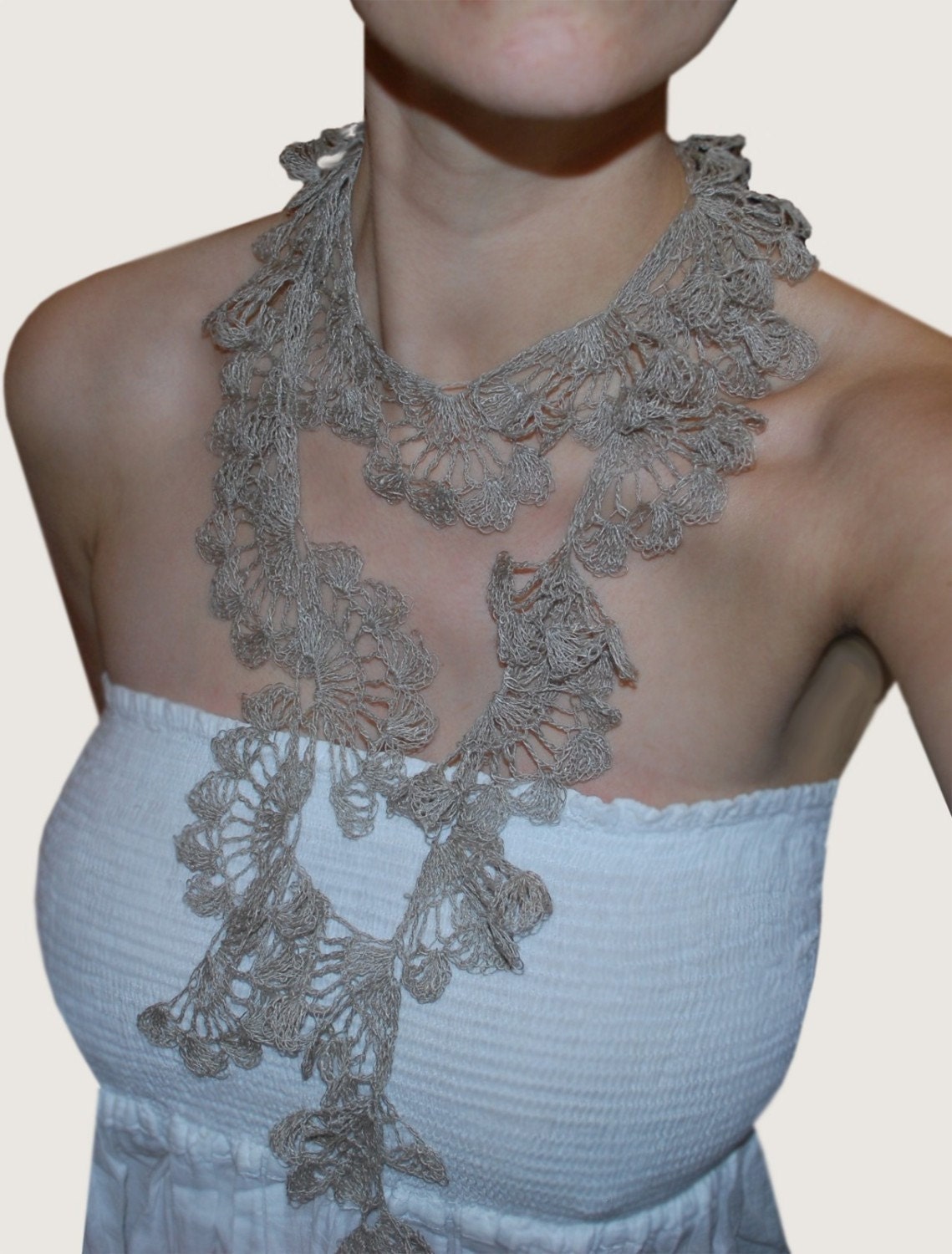 Extra Delicate Lace Crochet Linen Lariat.  GRACE.  Natural Grey.