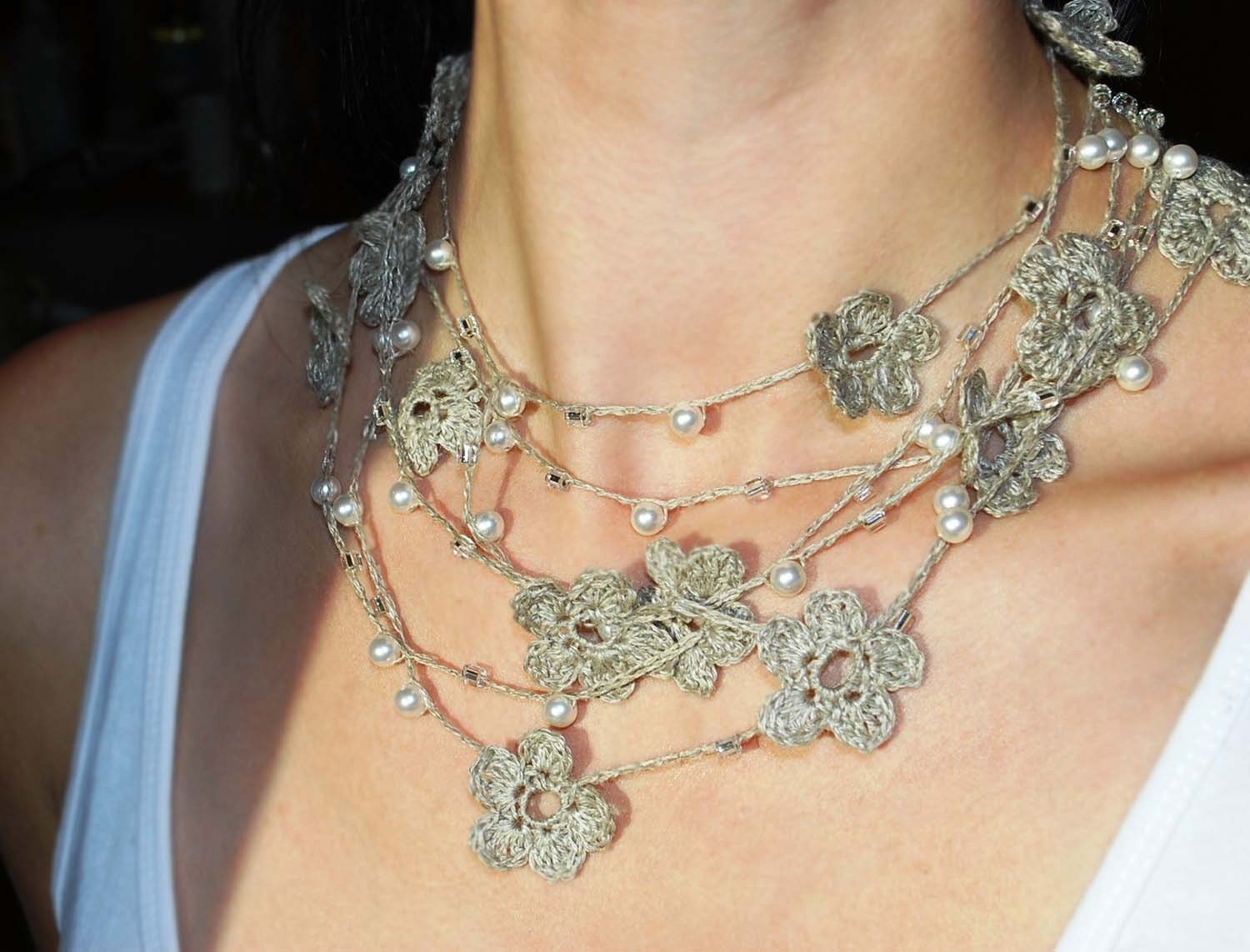 Linen Crocheted Lariat- Necklace. NELL. Natural Grey.