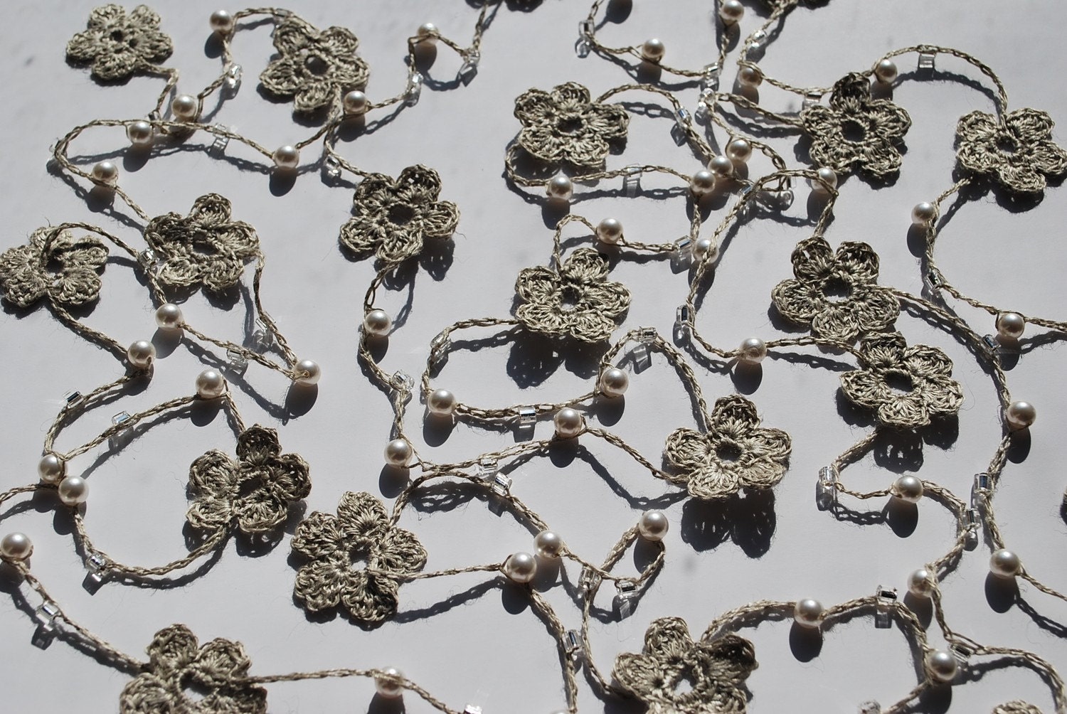 Linen Crocheted Lariat- Necklace. NELL. Natural Grey.