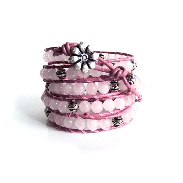 Rose Quartz Gemstone Beaded Leather Wrap Bracelet x5 wraps, (Chan Luu style)
