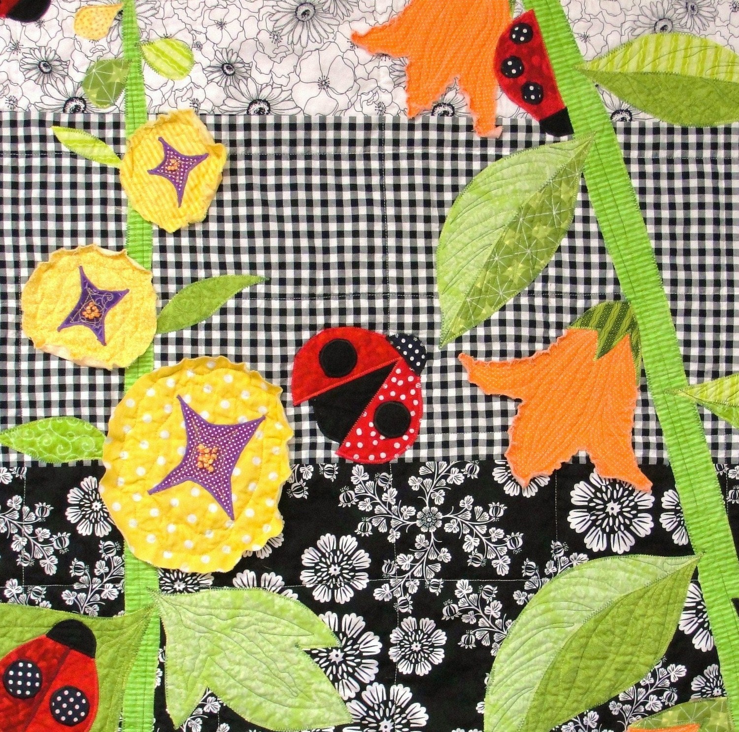 ladybug baby quilt / wall art quilt- ''Garden Party''- ladybugs, hollyhocks and bell flowers- ships via priority mail