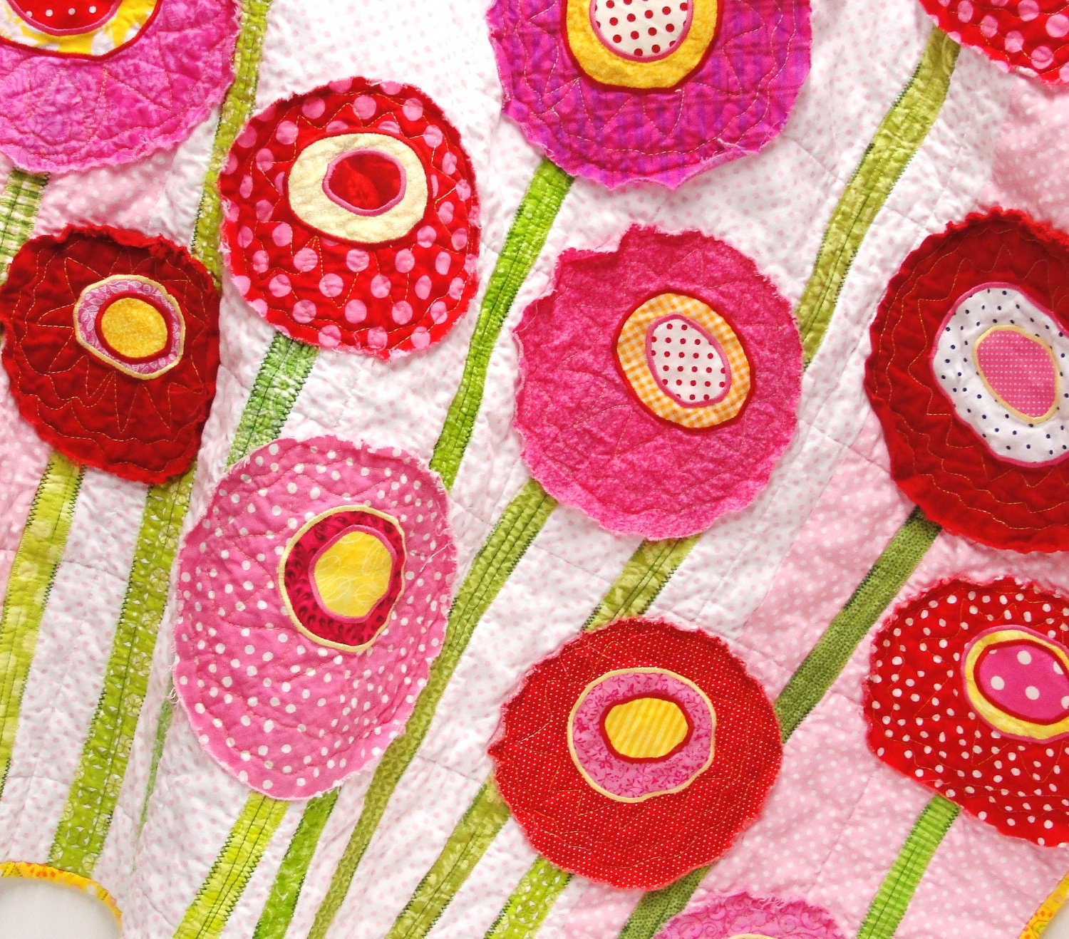 Poppy baby quilt - wall art quilt- "Poppy Garden" in pink, red, yellow, green & white