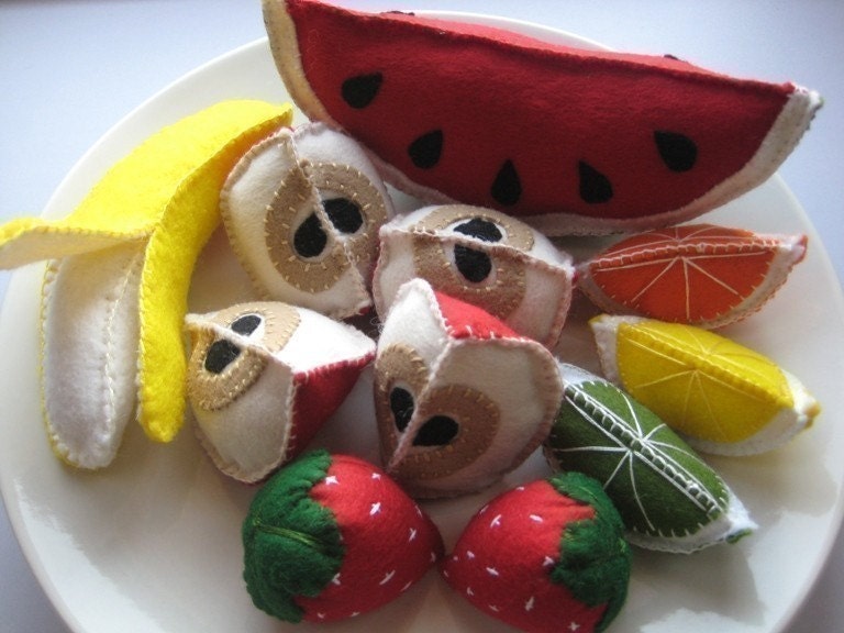 Felt Fruit Play Food Set, felt food, felt fruit, strawberries, watermelon, apples, lime, orange, banana