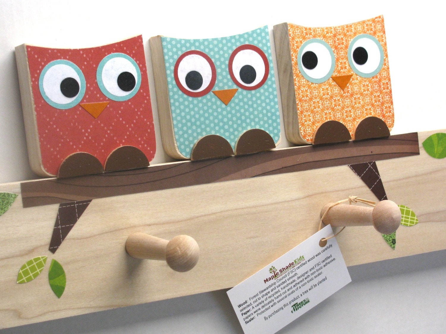 Owl Friends Peg Rack - Orange, Blue and Red - eco-friendly by Maple Shade Kids
