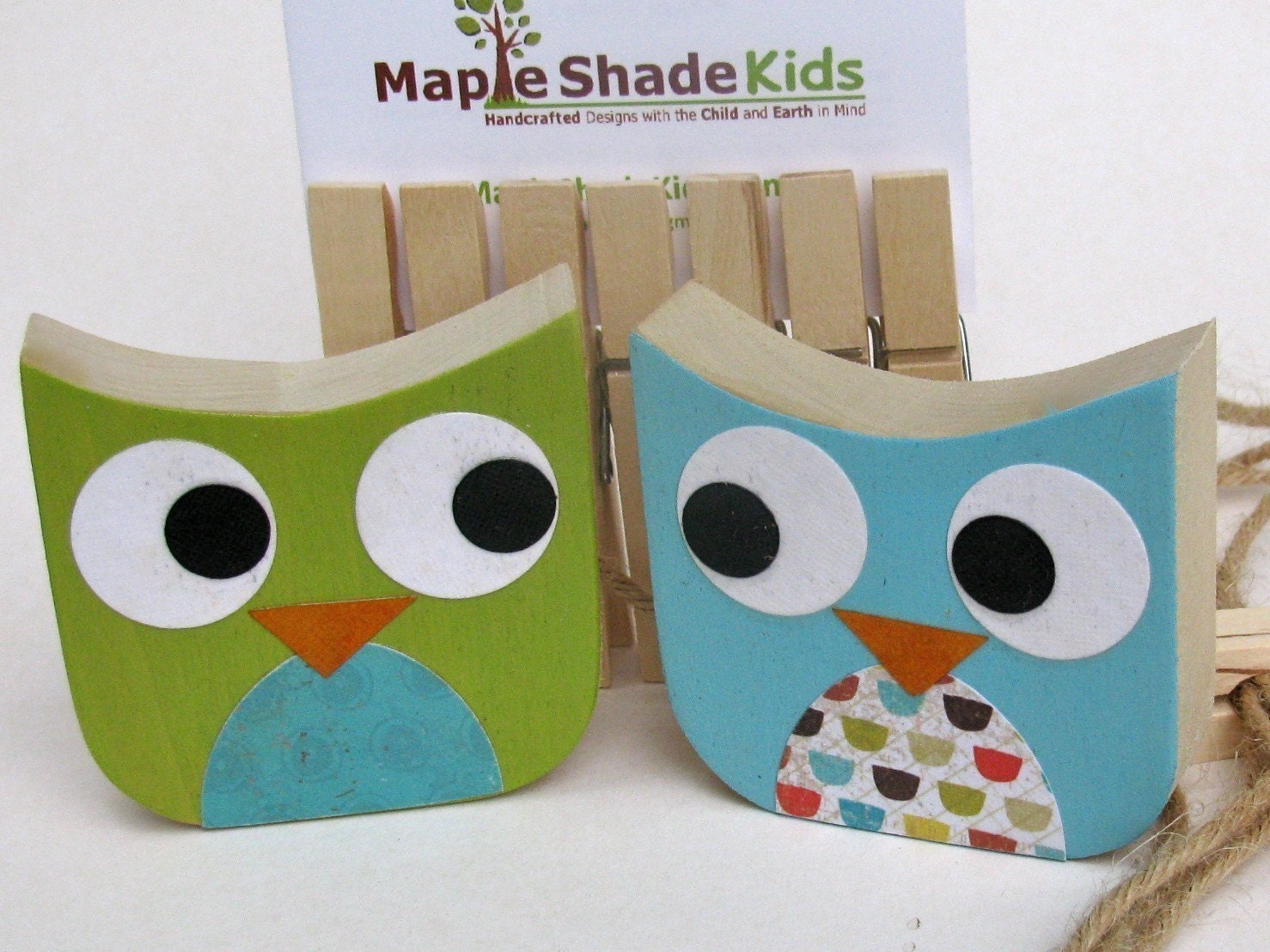 Owl Art Display Clips -Green and Blue - eco-friendly - by Maple Shade Kids