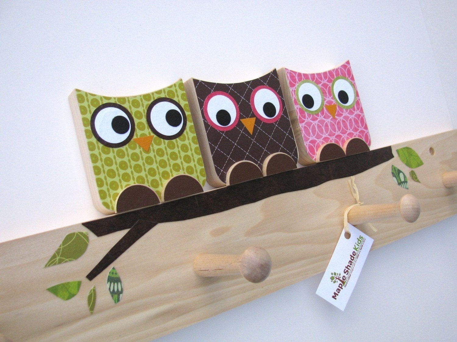 Owl Friends Peg Rack - Kiwi Green, Chocolate Brown and Hot Pink - eco-friendly - by Maple Shade Kids