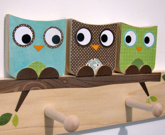 Owl Friends Peg Rack - Blue, Brown and Green - eco-friendly- by Maple Shade Kids