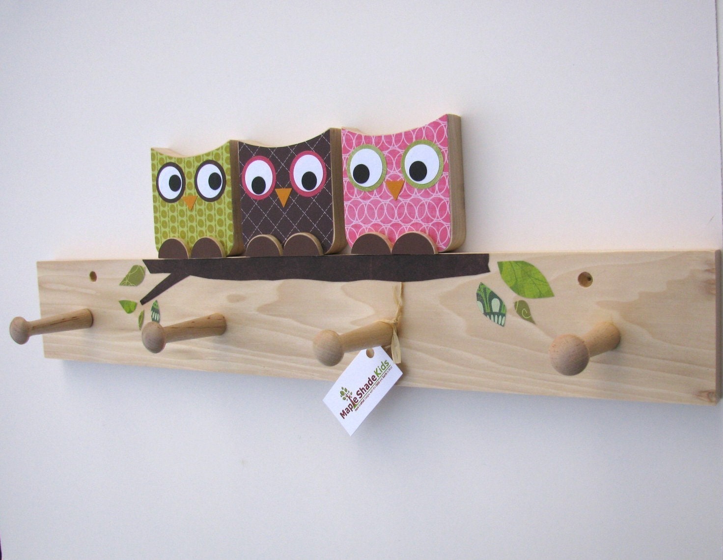 Owl Friends Peg Rack - Kiwi Green, Chocolate Brown and Hot Pink - eco-friendly - by Maple Shade Kids