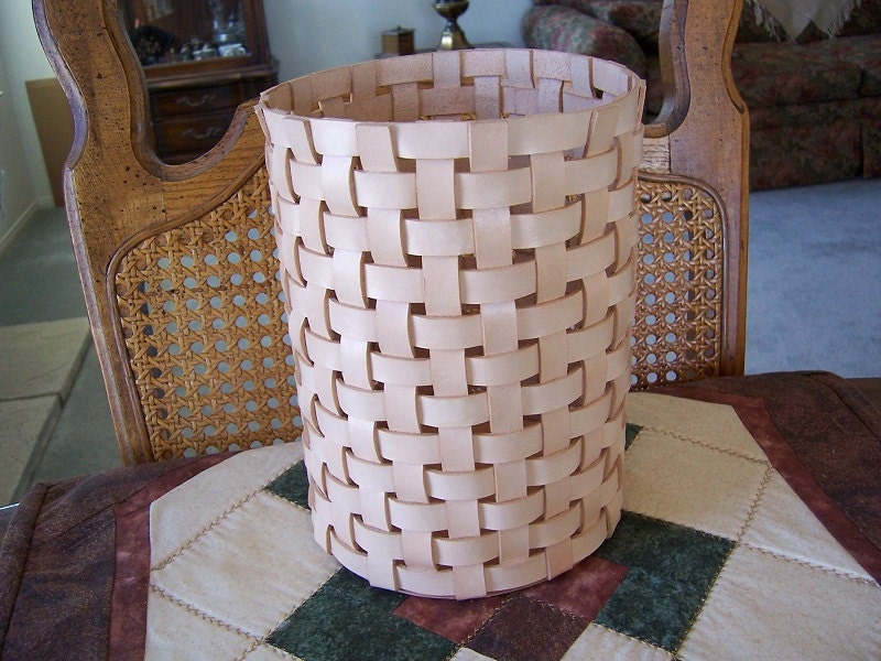 Round Tall  Woven Leather Basket