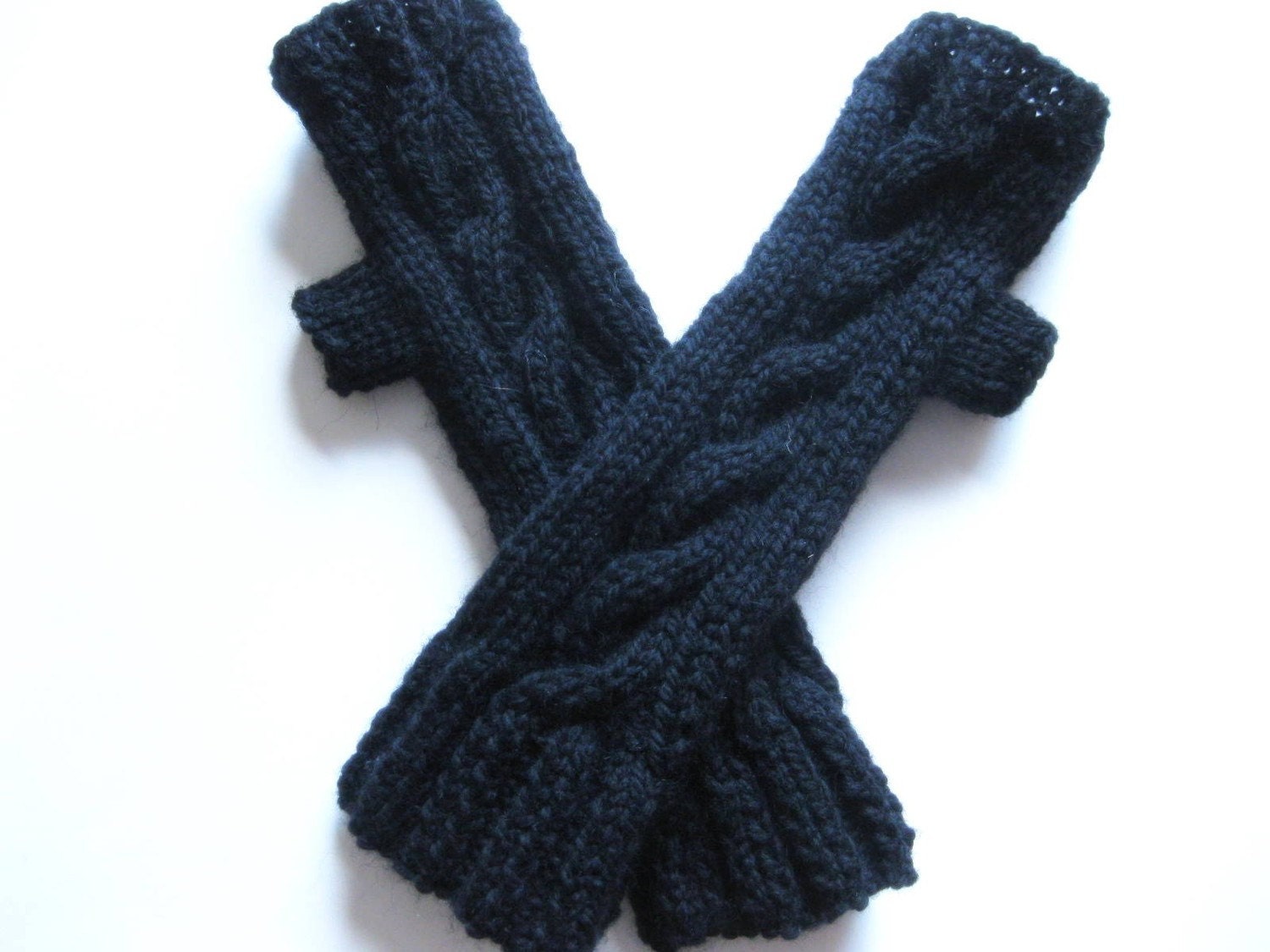 Hand knit black  fingerless gloves - texting gloves with 3" cuff - cables - chunky pure wool - ready to ship