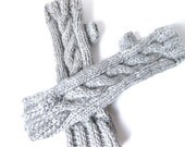 Hand knit fingerless texting gloves - arm warmers - light grey chunky wool - 3" cuff and cables - ready to ship