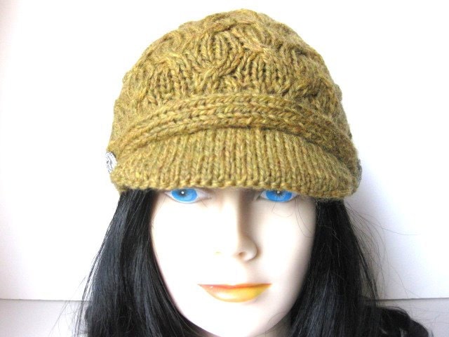 Hand knit mustard yellow wool newsboy cabled hat with brim - unisex -  teens - men - women - ready to ship