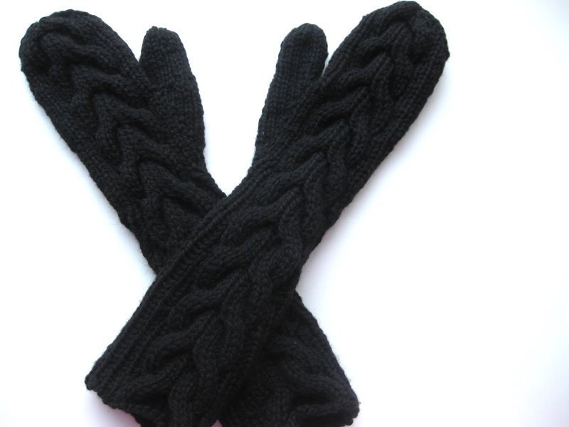Hand knit - handmade black elbow length bella twilight mittens - pure chunky wool - ready to ship