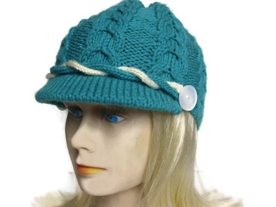 Knit newsboy hat - brim or visor - horseshoe cables- turquoise / ready to ship