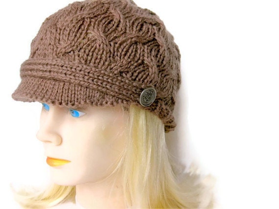 Newsboy hat / handmade cabled hat  / handknit cap / teens / women / men /sierra brown with brim or visor  / ready to ship