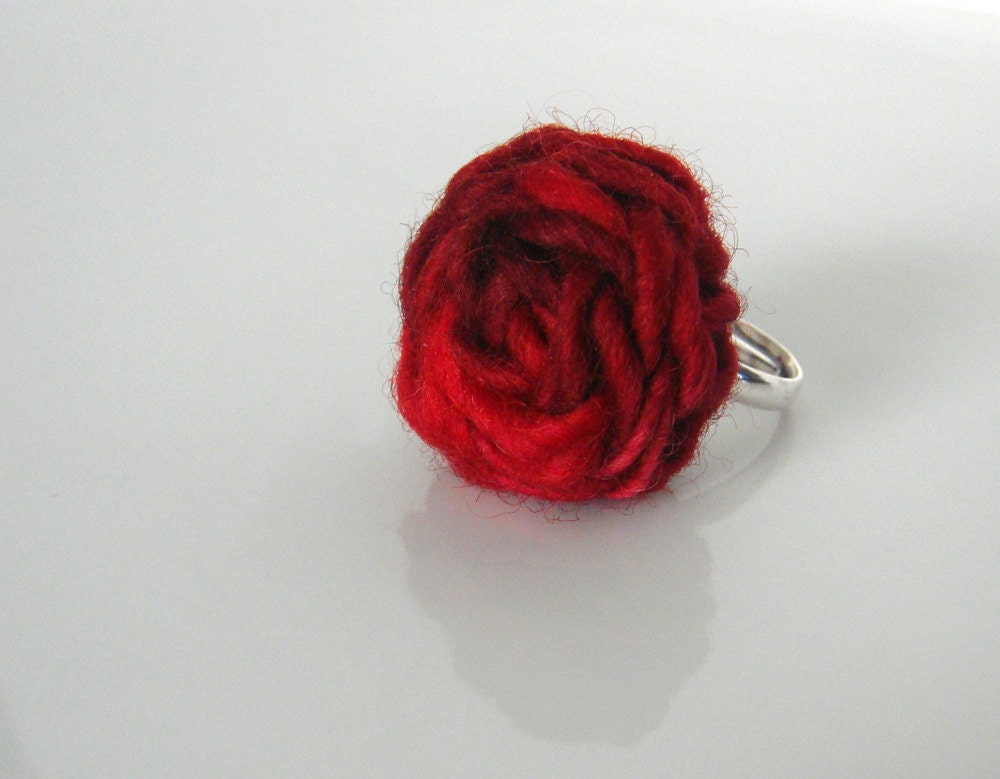 Red Hand Dyed Wool Rosette Adjustable Ring