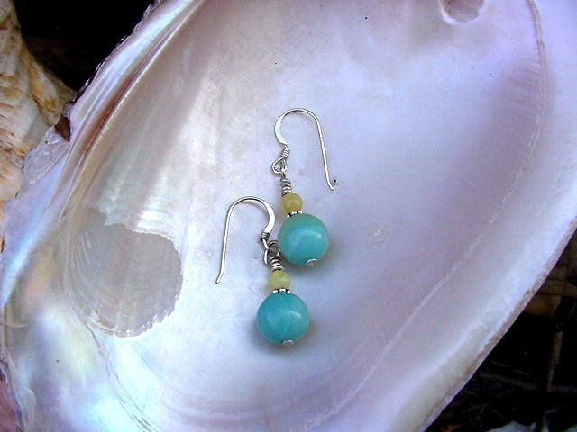 Mint Julep Dreams Amazonite and African Opal Drop Earrings, 925 Silver Wires 8c6